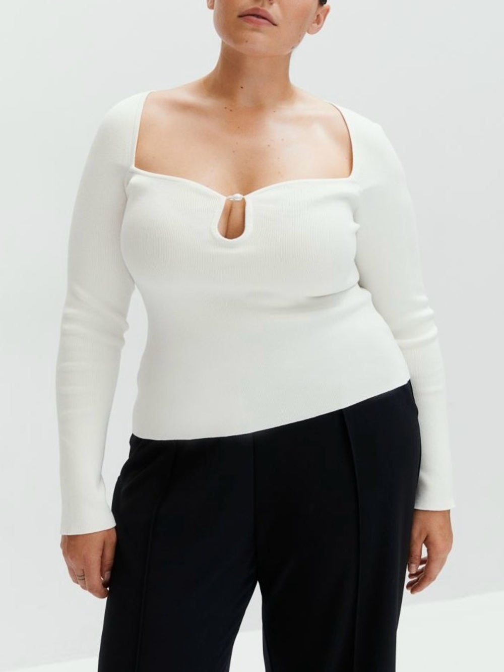 H&M White Ribbed Long-Sleeve Top with Square Neck and Keyhole